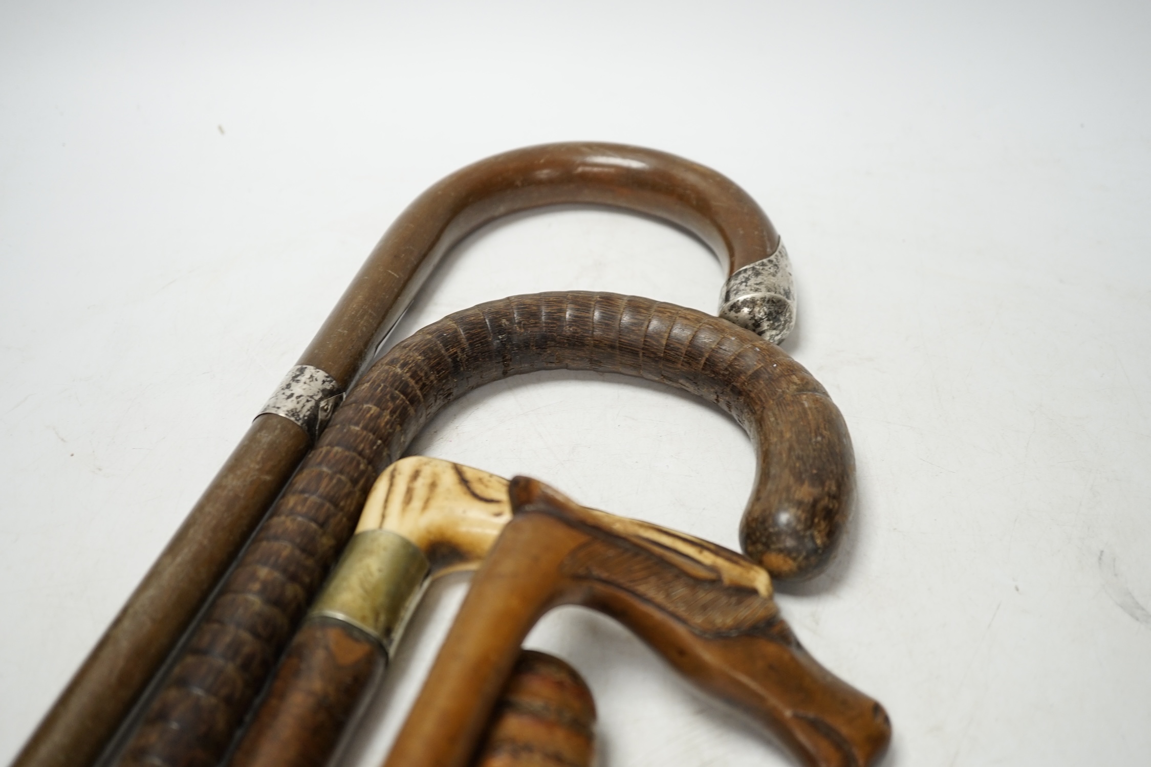 A collection of five various walking sticks/canes including silver mounted, longest 93cm. Condition fair